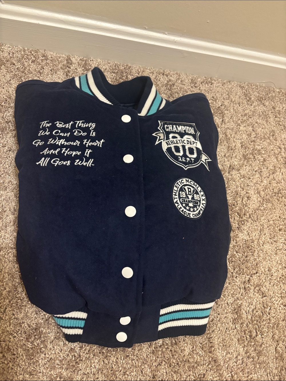Vintage Red Fox Champion Kids Navy Blue Varsity Jacket with Teal Trim